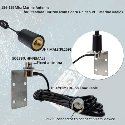 Antena VHF marina perfil bajo 156-163MHz acero inox RG-58 16.4pies