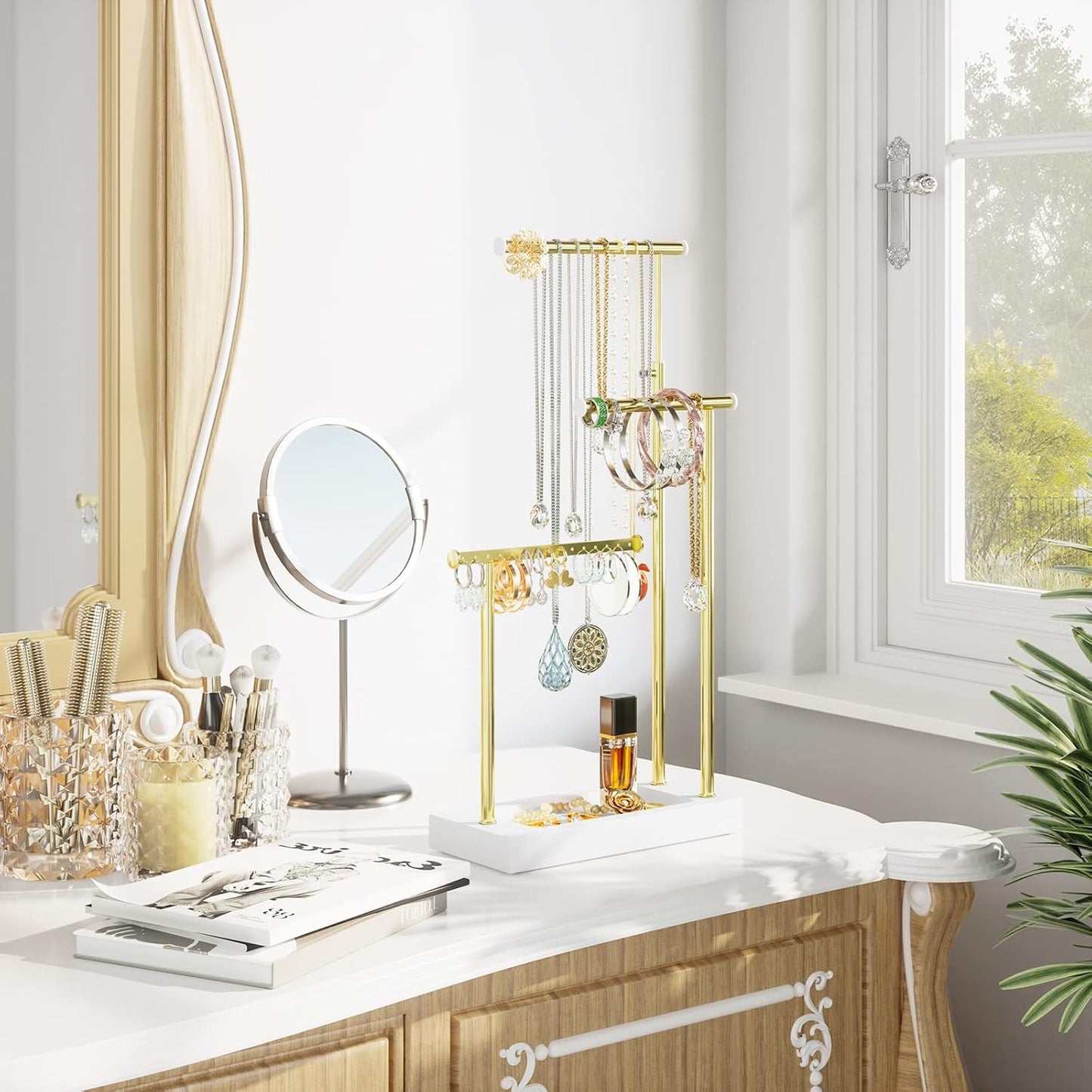 Organiz. joyas soporte collares árbol 3 niveles blanco dorado