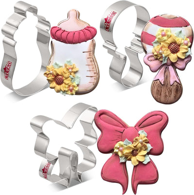 Set 3 cortadores galletas baby shower sonajero cinta acero inox