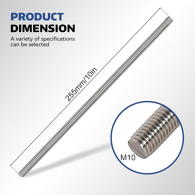 8 Pzas Varilla Roscada Acero Inox M10x255mm con Tuercas