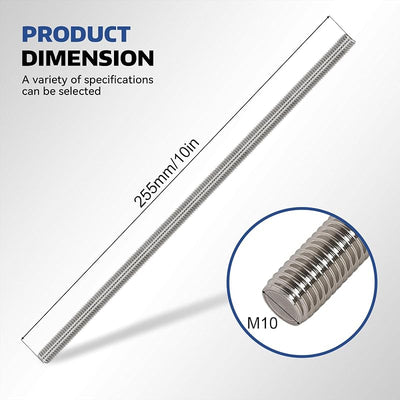 8 Pzas Varilla Roscada Acero Inox M10x255mm con Tuercas
