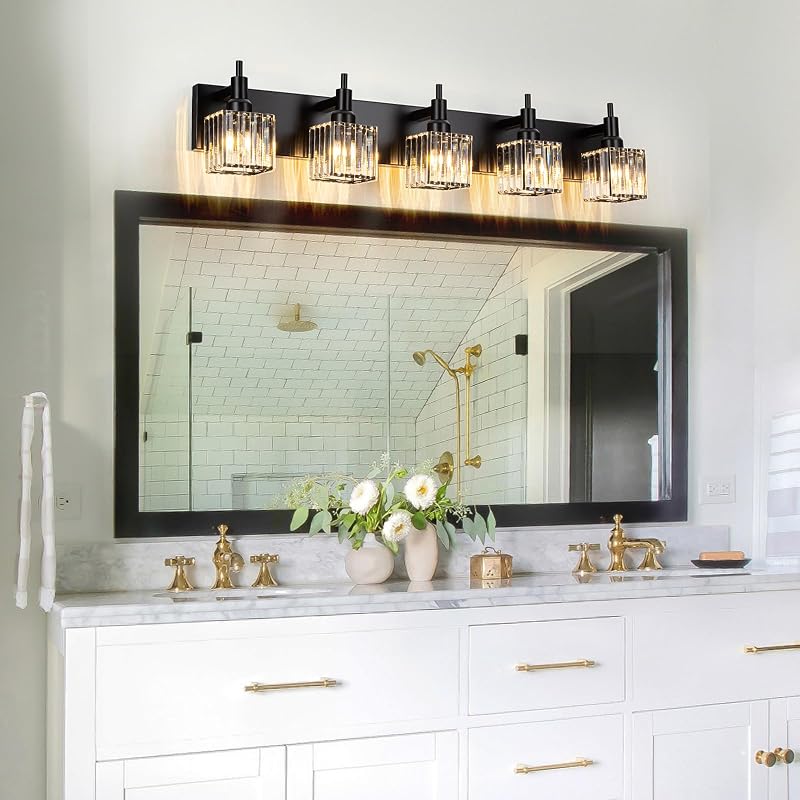 Lámpara tocad. baño cristal negro 5 luces moderna