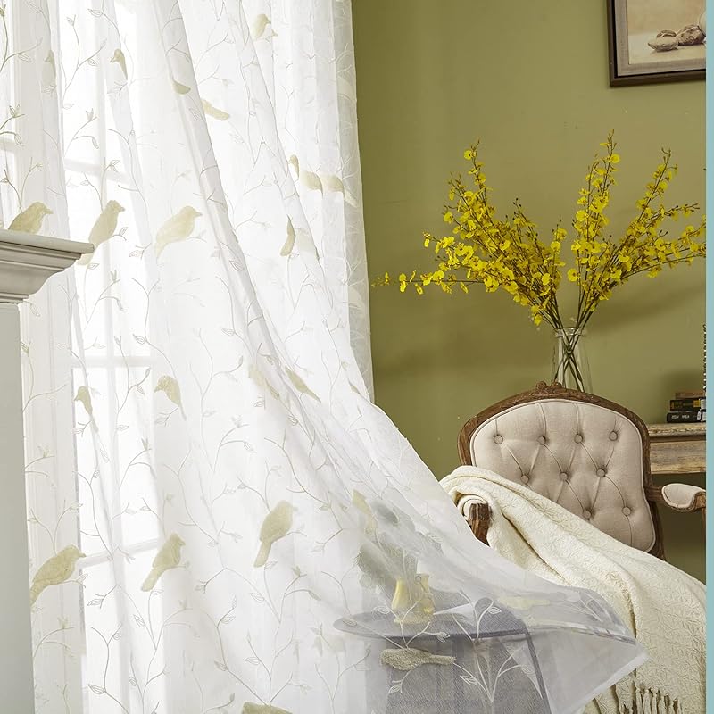 Cortina transparente bordado pájaros blancos 84pulg 2 paneles