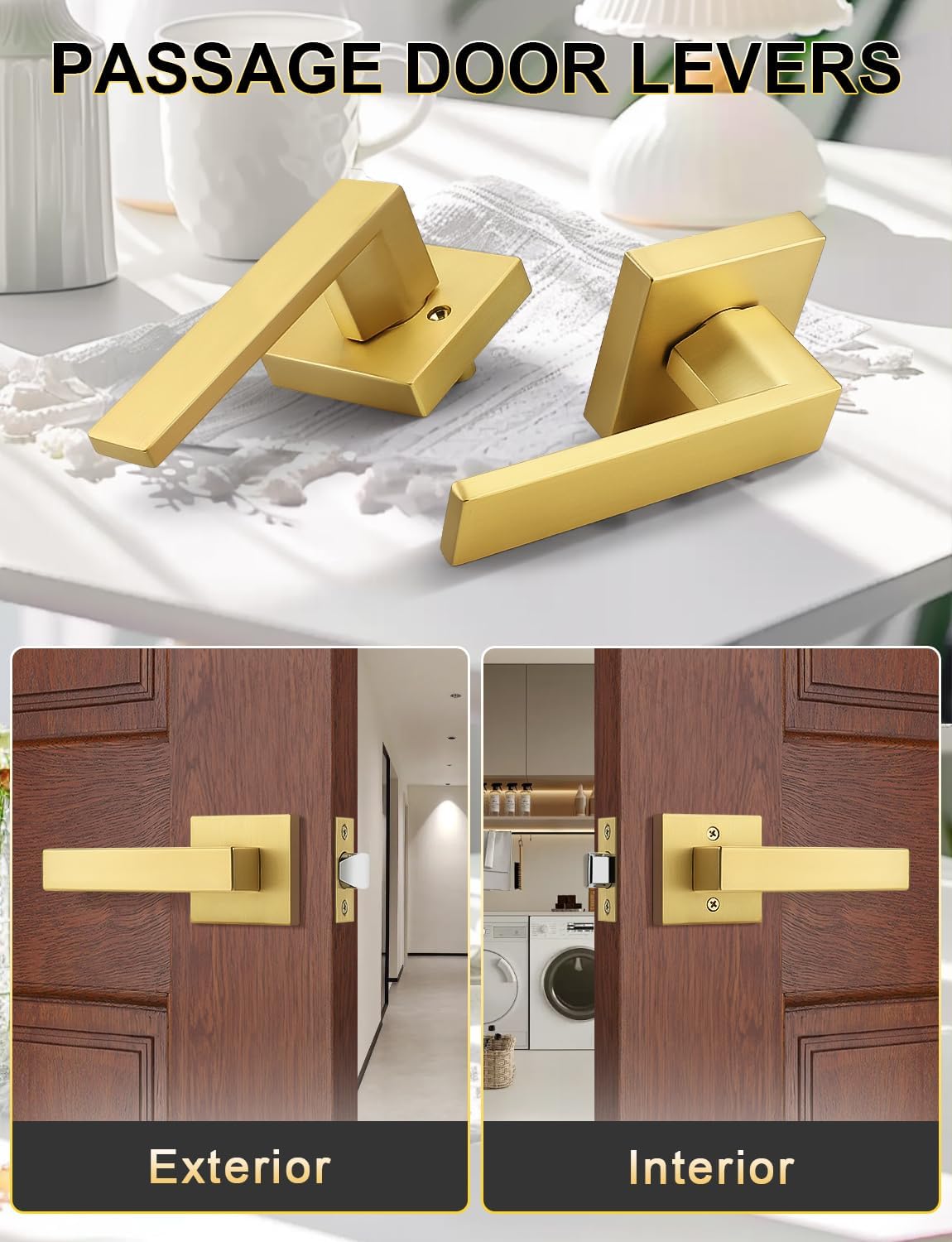 3 Manijas Cuadradas Doradas Puerta Interior Reversibles