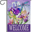 Bandera jardín decorativa flores iris libélula morada