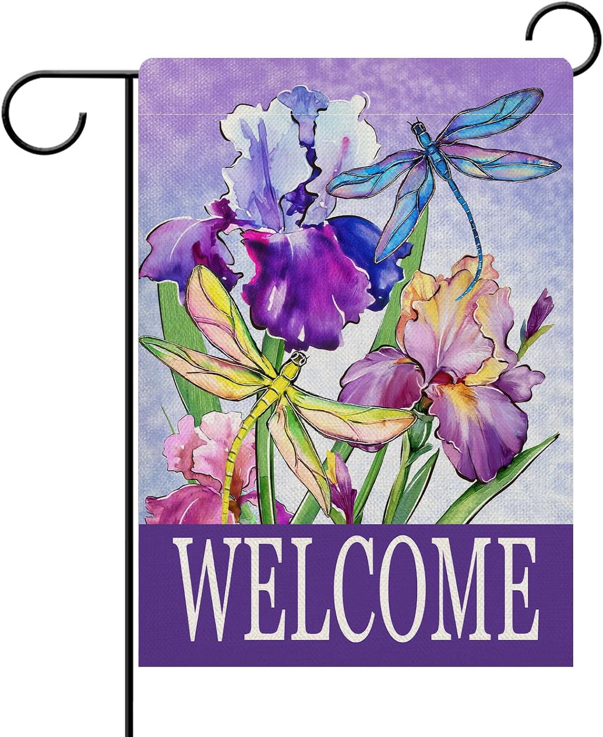 Bandera jardín decorativa flores iris libélula morada