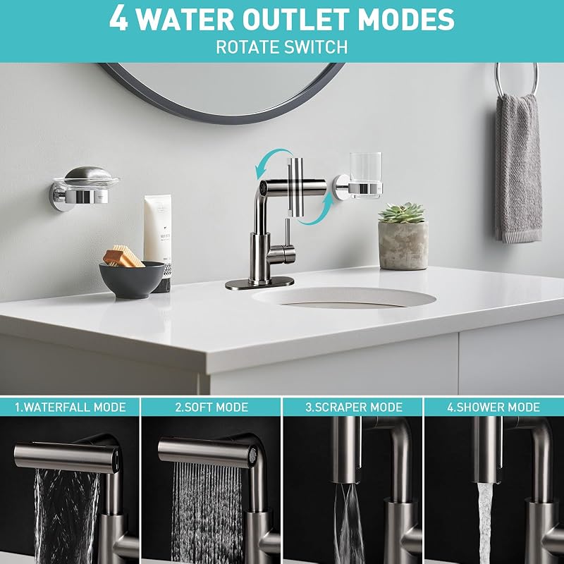 Grifo baño acero inox negro mate 24" rociador 4 modos