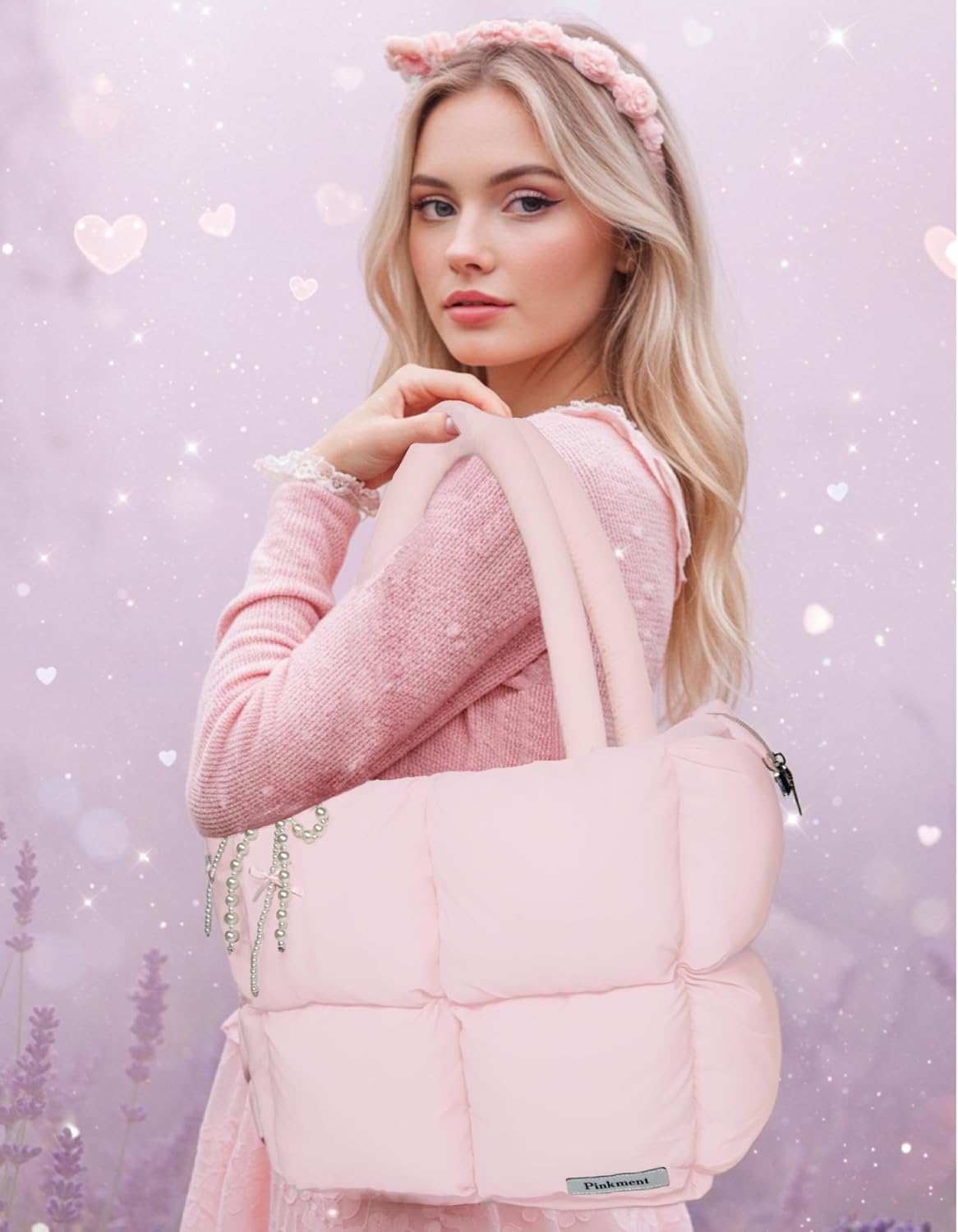 Bolsa acolchada con dije lazo estilo coreano para mujer