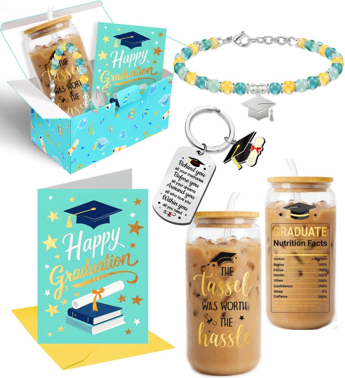 Caja regalo graduación 4 Pzas cristal pulsera vaso llavero