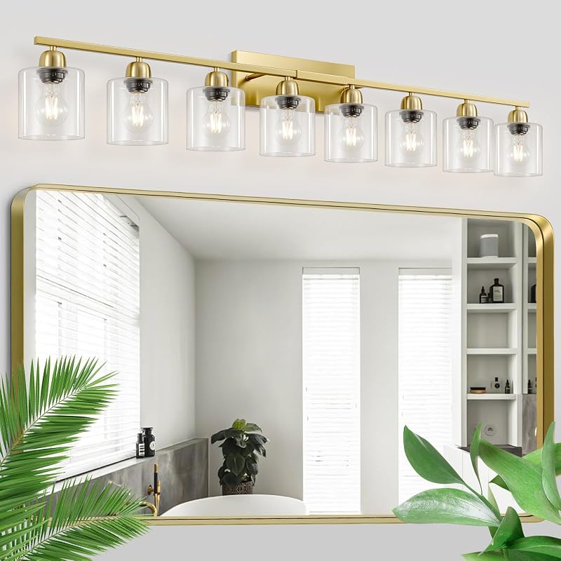 Lámpara baño 8 luces oro cepillado 52" vidrio transparente