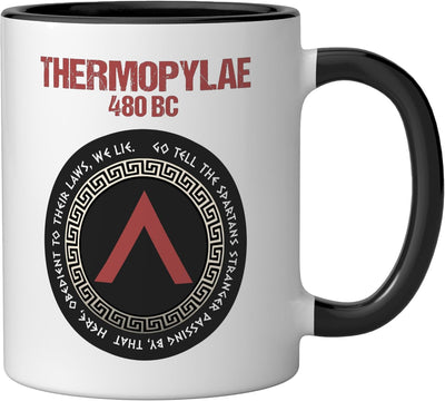 Taza cerámica Thermopylae Epitaph Esparta con símbolo Lambda negra/blanca