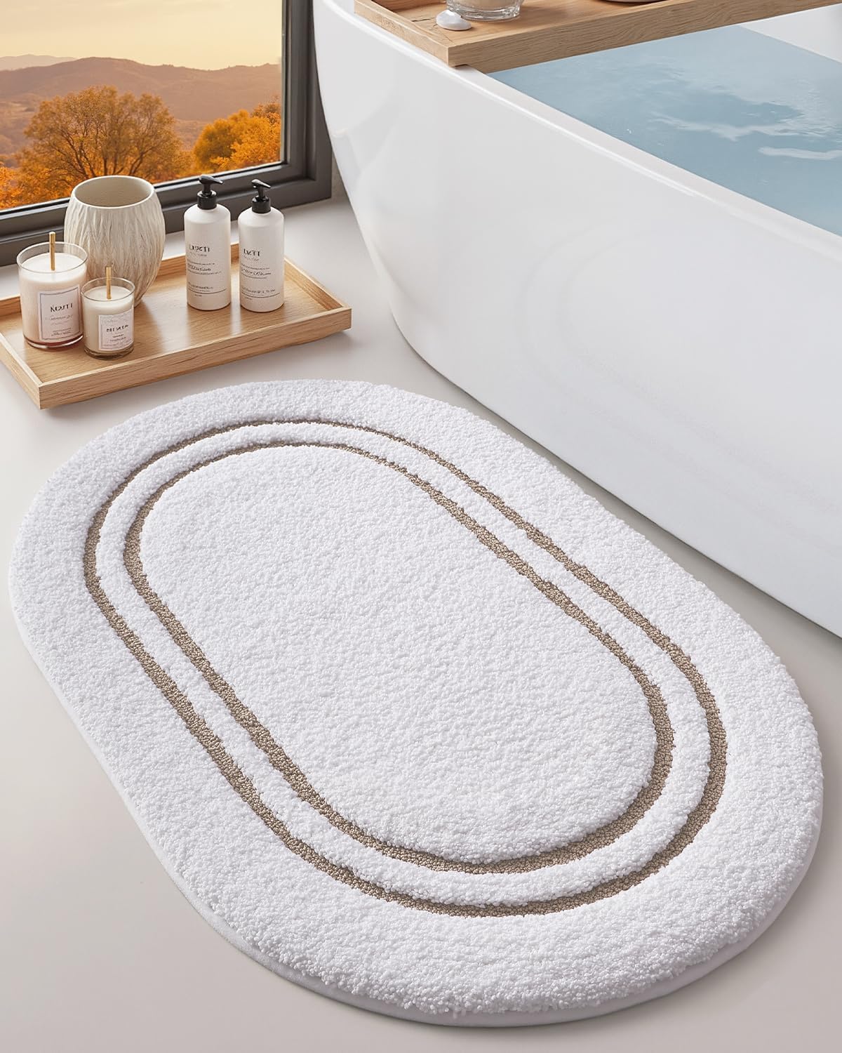 Alfombra baño ovalada microfibra antiderrap beige