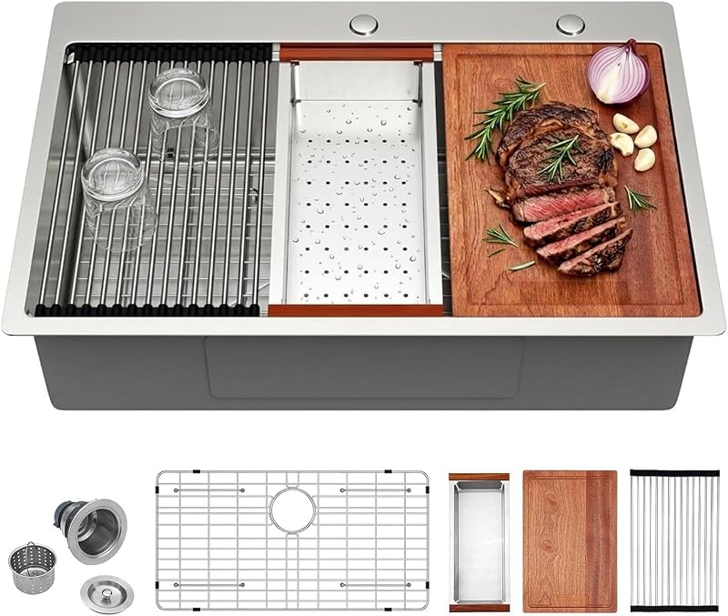 Fregadero cocina empotrable 33x22" acero inox con repisa