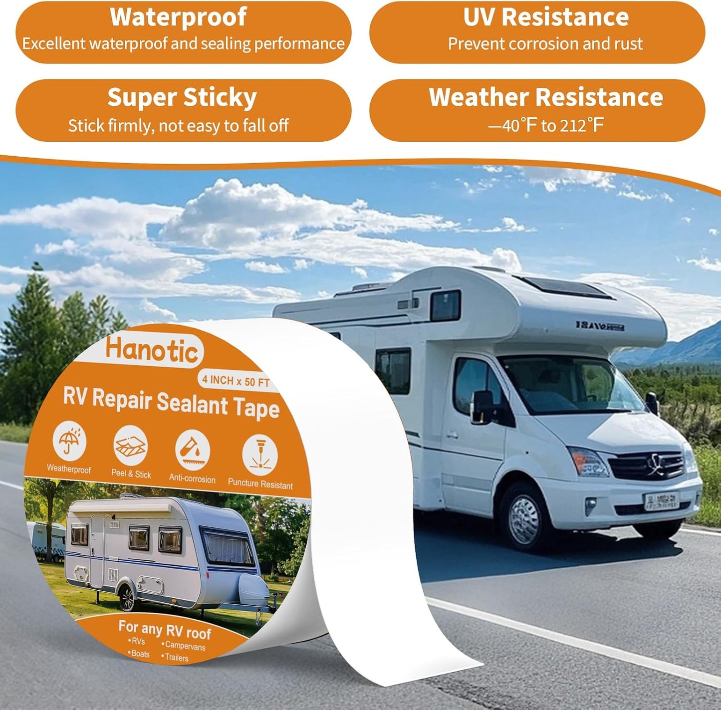Cinta techo RV 4" x50pies resistente UV selladora