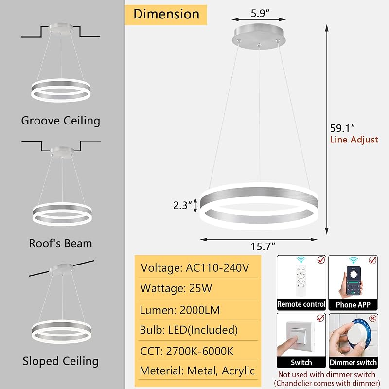 Lámpara colgante anillo LED regulable 3000K-6000K Plata