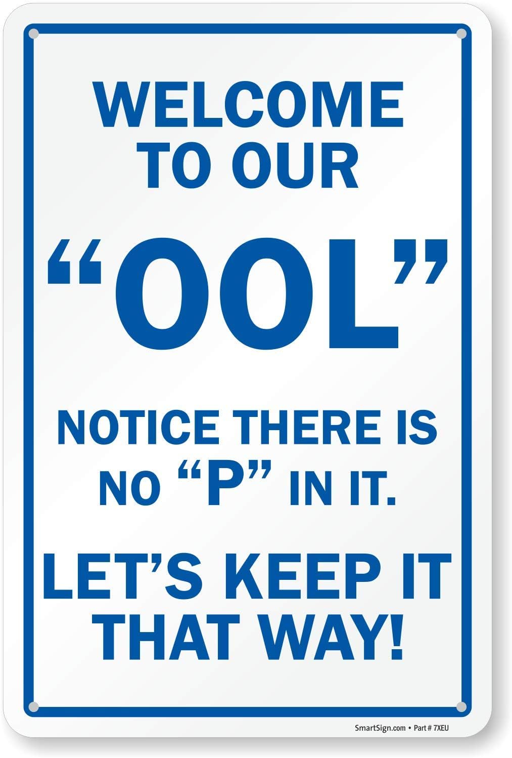 Cartel metal piscina 18x12pulg texto inglés azul blanco