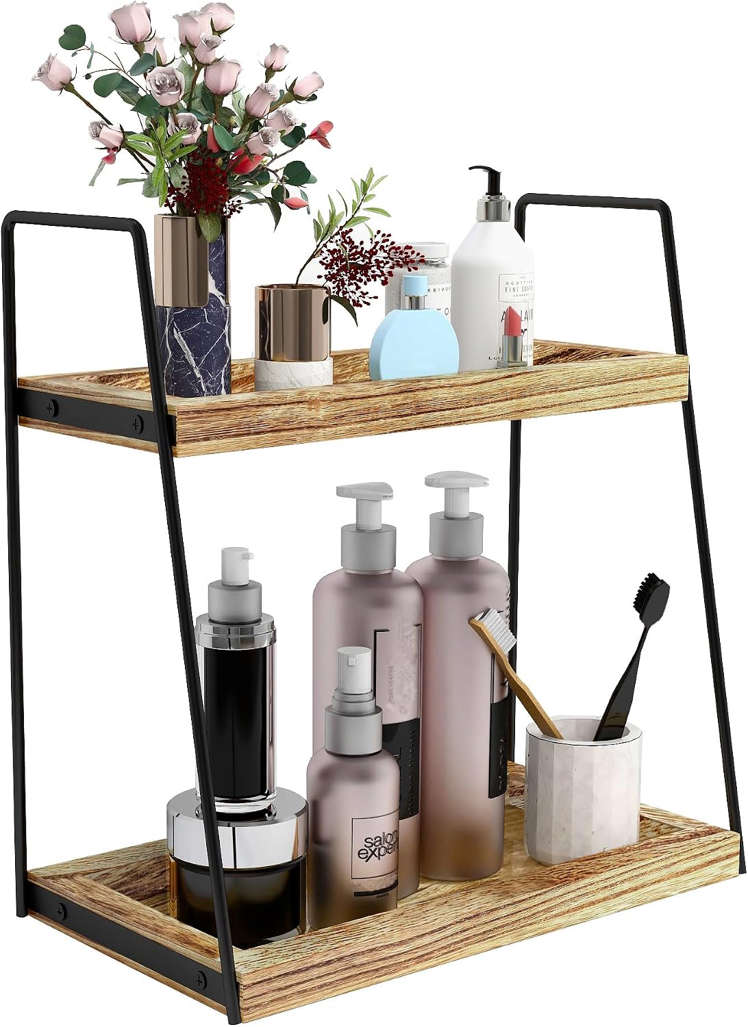 Organiz. de baño 2 niveles estante madera cocina