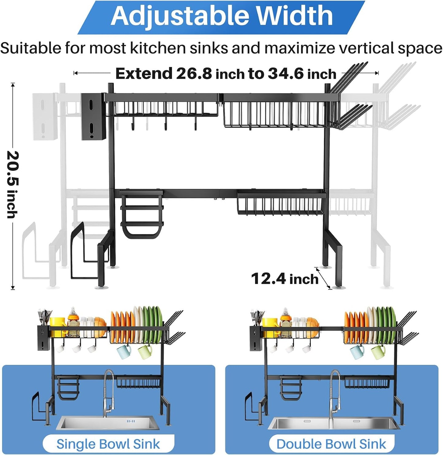Estante secado platos encimera cocina metal negro ajustable