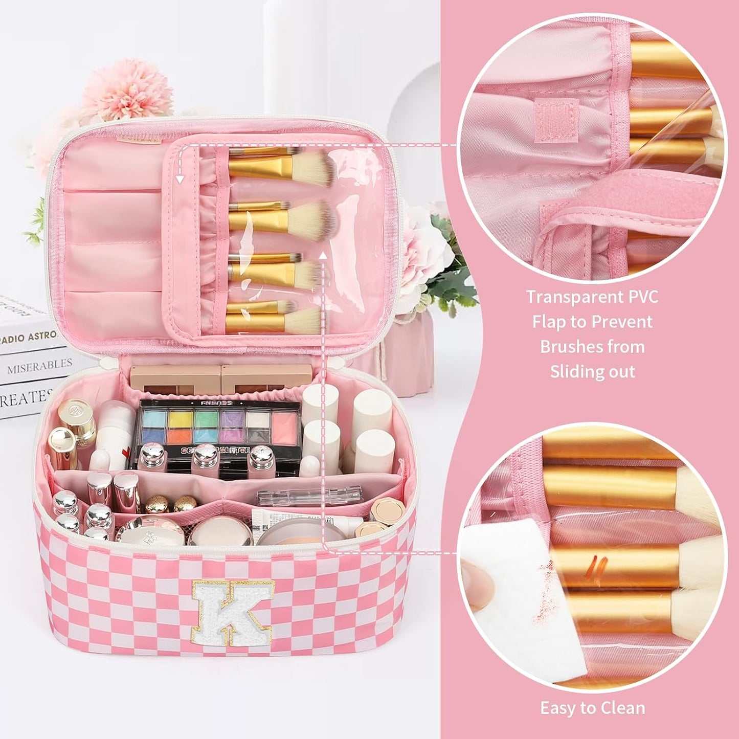 Bolsa maquillaje con monograma y portacepillos rosa para niñas