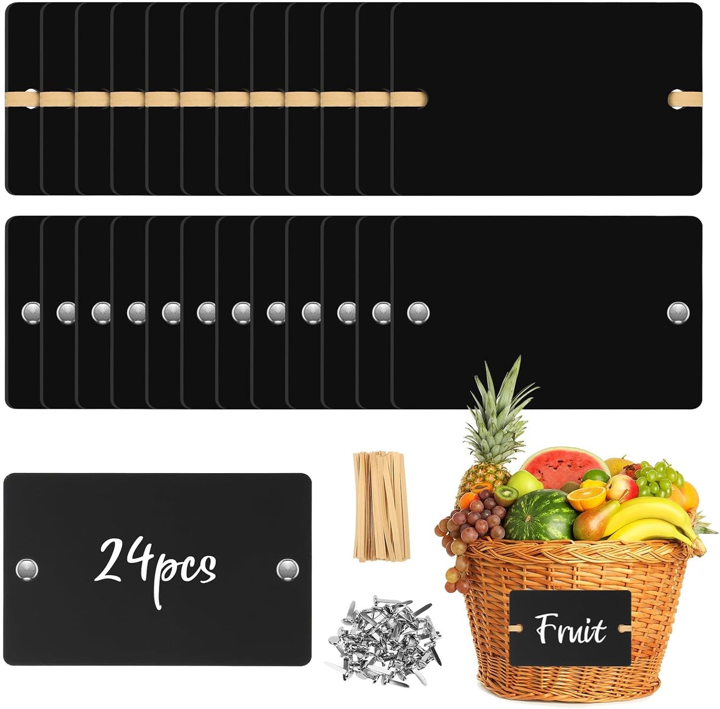 24 Etiquetas Acrílicas Cesta 3.1x2pulg Clavos 2 Puntas Negro