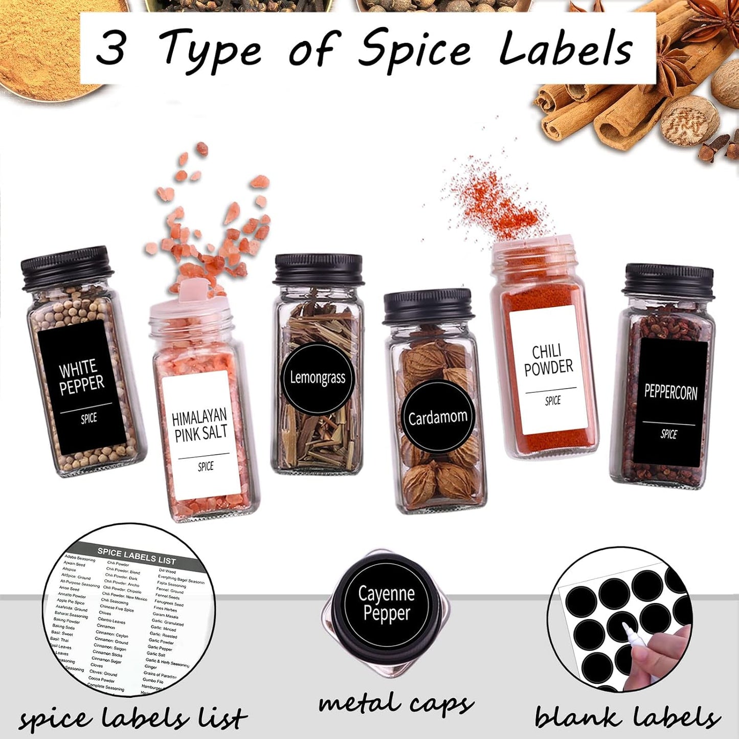 48 Tarros Especias Vidrio 4oz Tapas Negro con Etiquetas