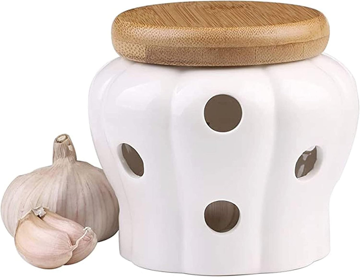 Contenedor ajo cerámica tapa bambú ventilado
