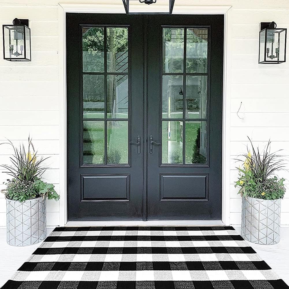 Alfombra puerta delantera 35.4x59 negra y blanca bienvenida