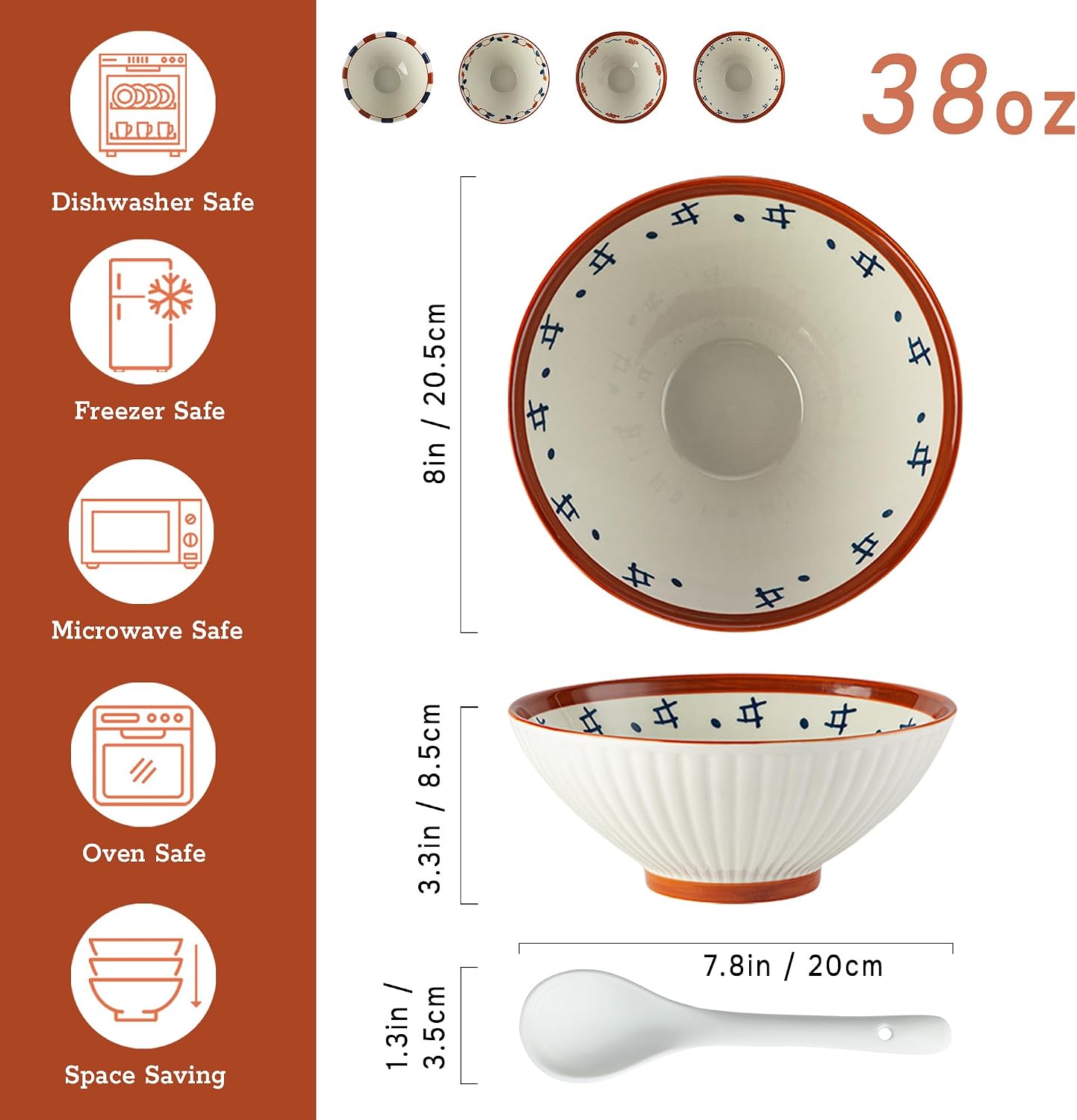 Set 4 Cuencos Ramen 8pulg con Cuchara 38oz Microondas
