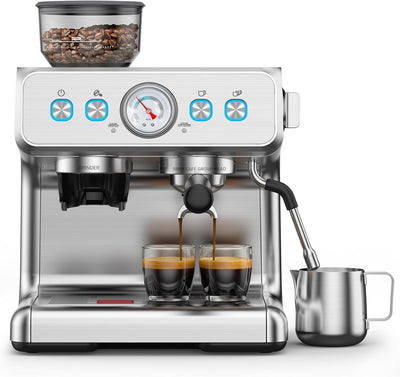 Máquina Espresso 15 Bar Acero Inox con Molinillo y Espumador