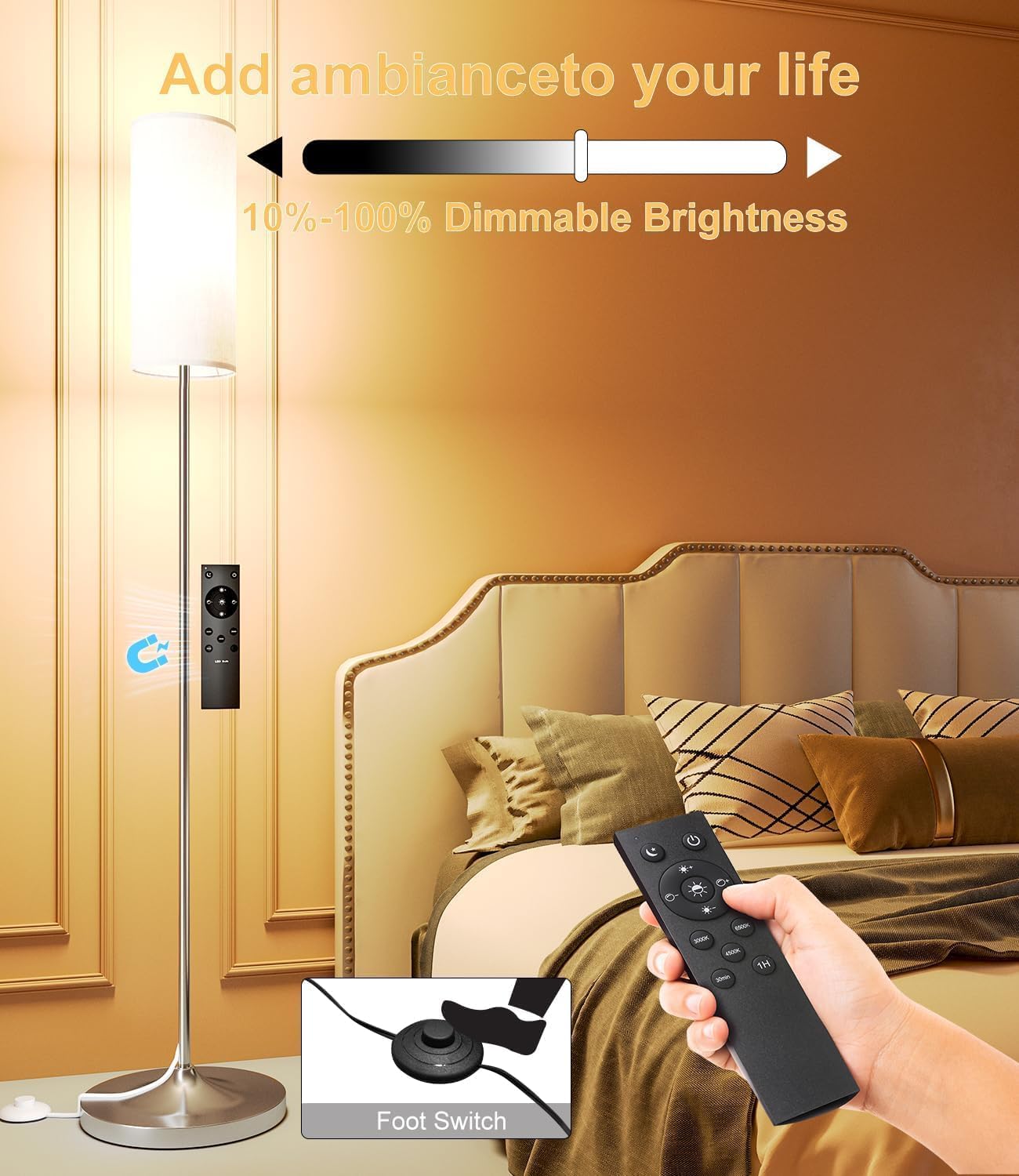 Lámpara pie LED sala estar regulable plateada control remoto
