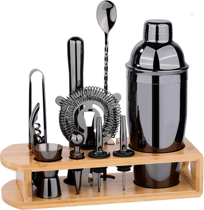 Kit coctelera 12 utensilios bar soporte bambú gris titanio