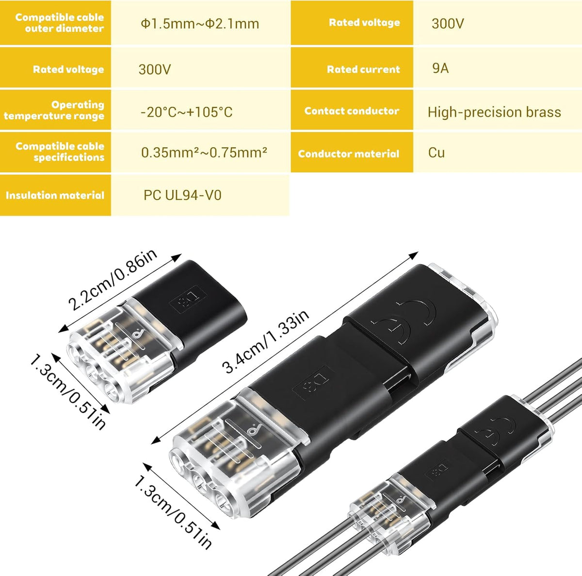 Conector enchufable doble 3 pines con hebilla bloqueo