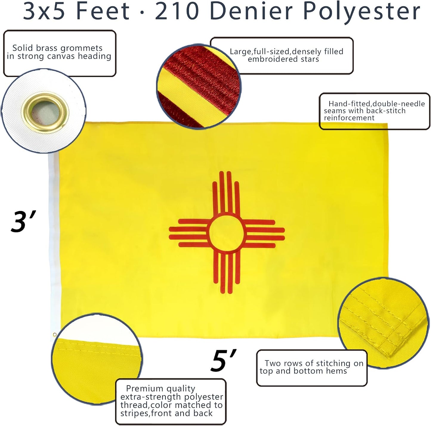 Bandera Nuevo México 3x5ft lona bordada resistente