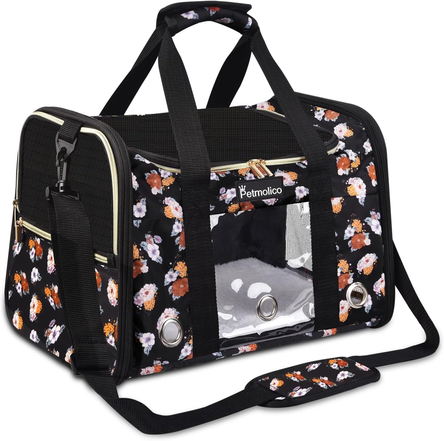 Transportador mascotas 16lb 3 puertas malla flor naranja
