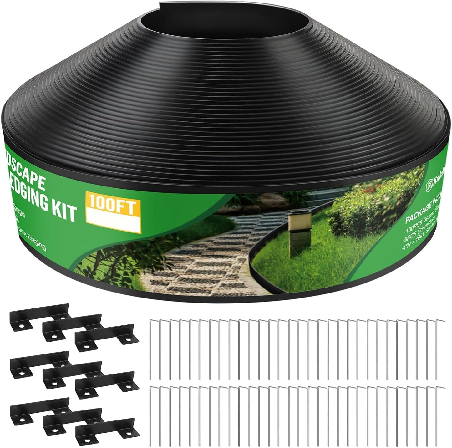 Borde plástico jardín 100ftx4pulg picos 100L 9 conectores