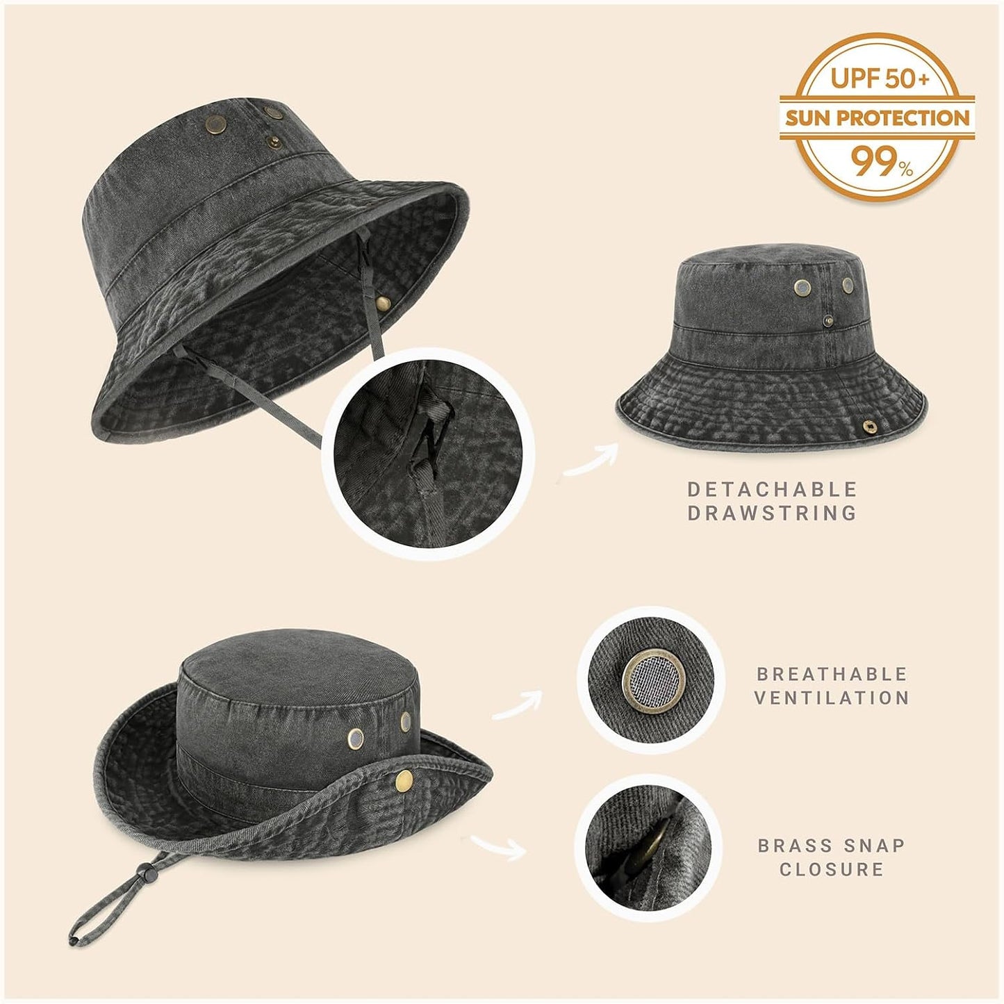 Sombrero ala ancha algodón cuerda ajustable unisex