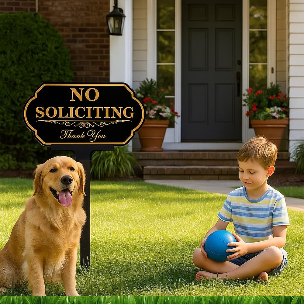 Letrero No Soliciting aluminio 14x7pulg 36pulg altura pack 2