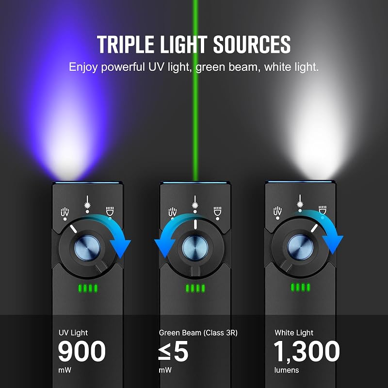 Linterna plana recargable EDC LED UV 1300lúmenes negro