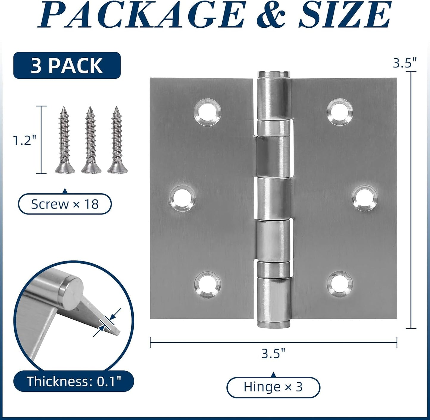 3 Pzas Bisagras Puerta 3.5x3.5pulg Acero Inox Resistentes