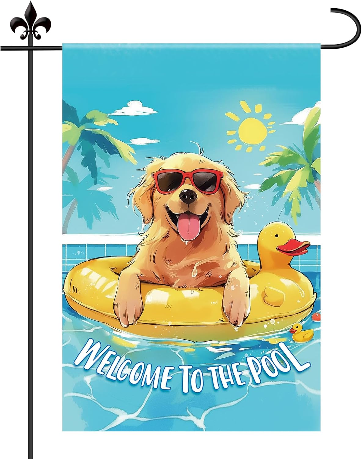 Bandera jardín doble cara lino 12x18pulg texto welcome pool