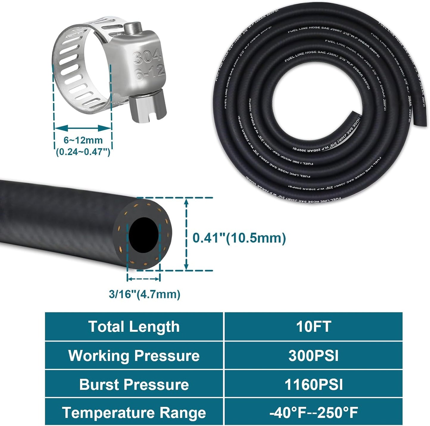 Kit manguera combustible 10pies NBR con abrazaderas inox
