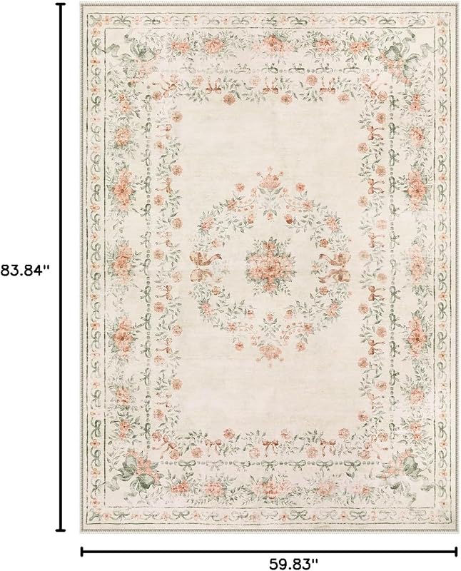 Alfombra lavable lazo floral 5x7ft beige dormitorio sala