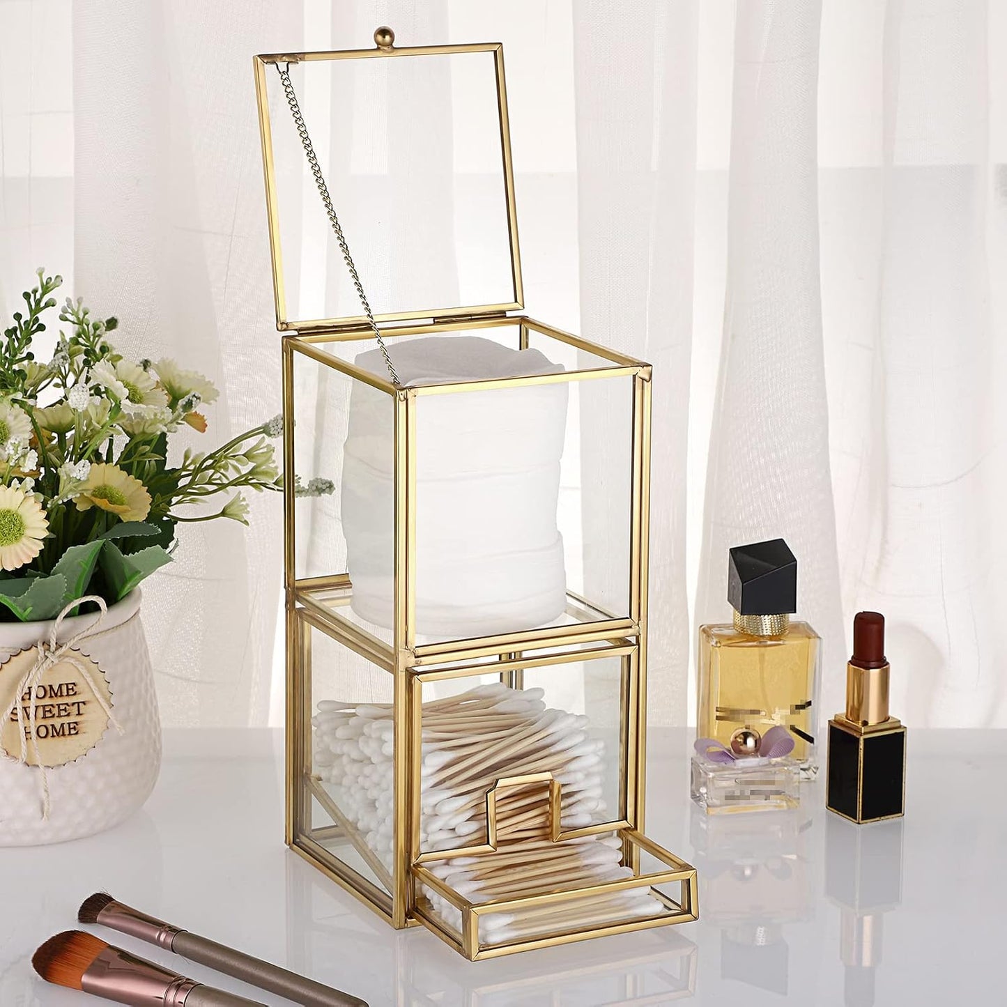 Soporte Qtip vidrio dorado con tapa 2 compartimentos