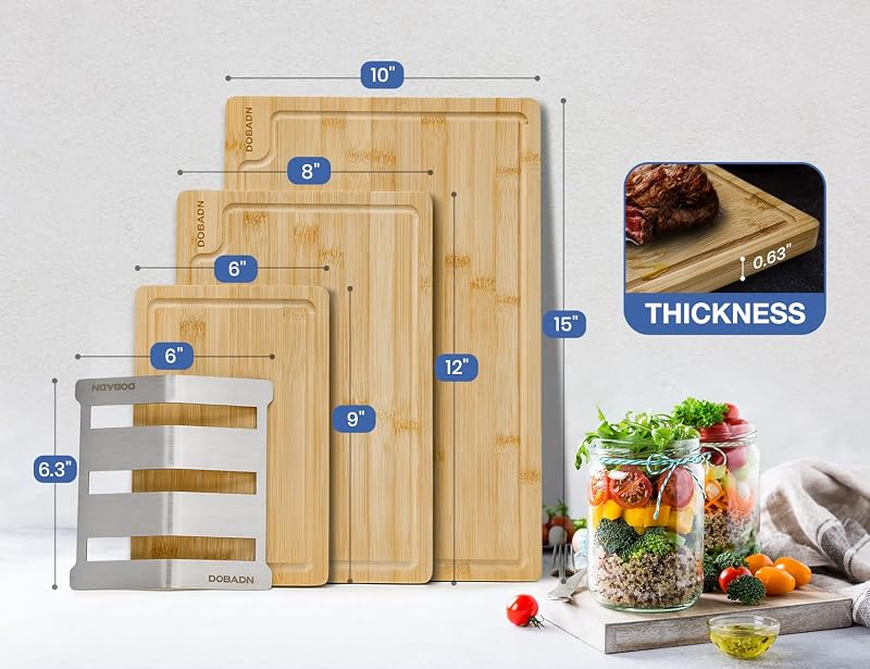 Set 3 Tablas Cortar Bambú con Soporte Acero Inox