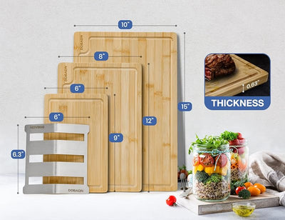 Set 3 Tablas Cortar Bambú con Soporte Acero Inox