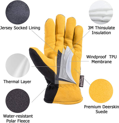 3 Pzas Guantes Invierno Hombre Piel Ciervo Aislamiento Thinsulate