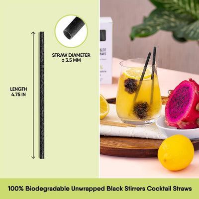 450 Agitadores Bebidas Biodegradables Negro 4.75pulg Fibra Vegetal