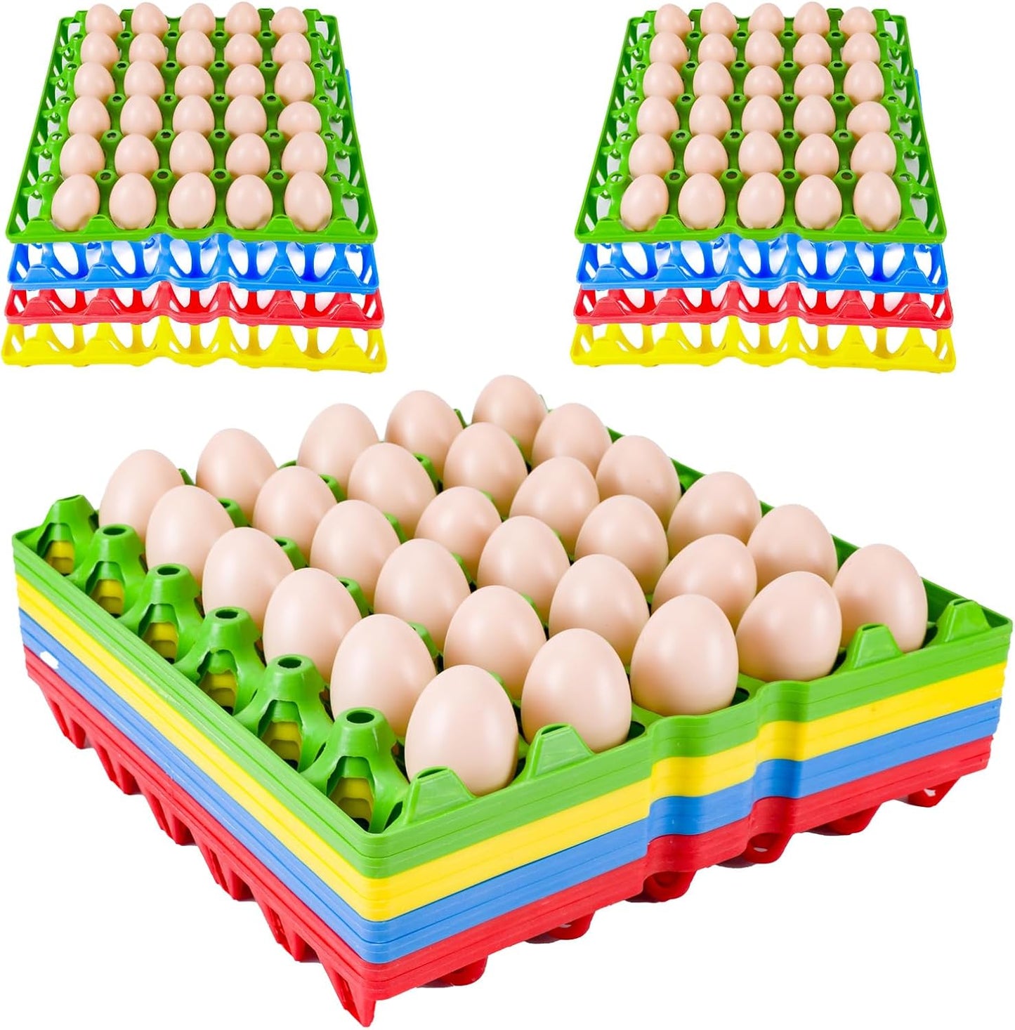Pack 12 bandejas plástico huevos 30 celdas apilables 4 colores