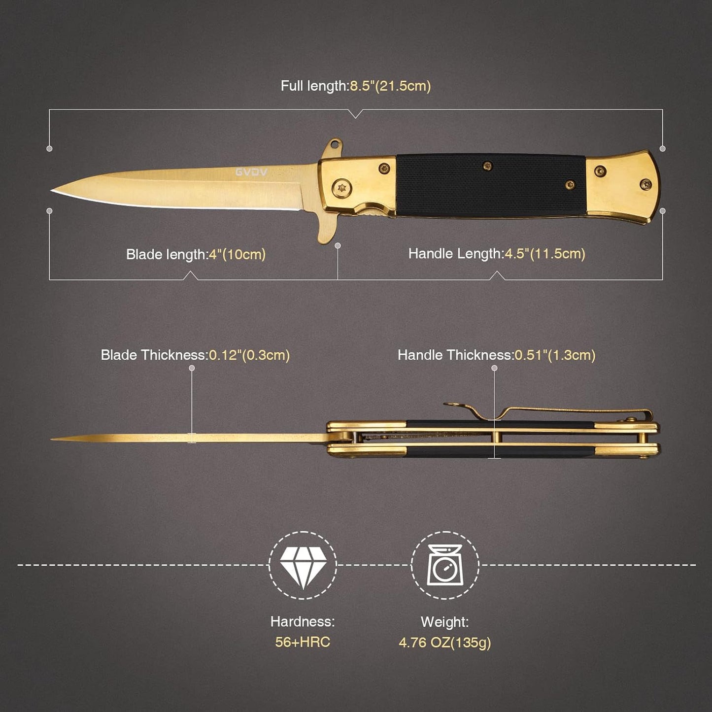 Cuchillo EDC acero inox G10 cierre seguridad camping caza dorado