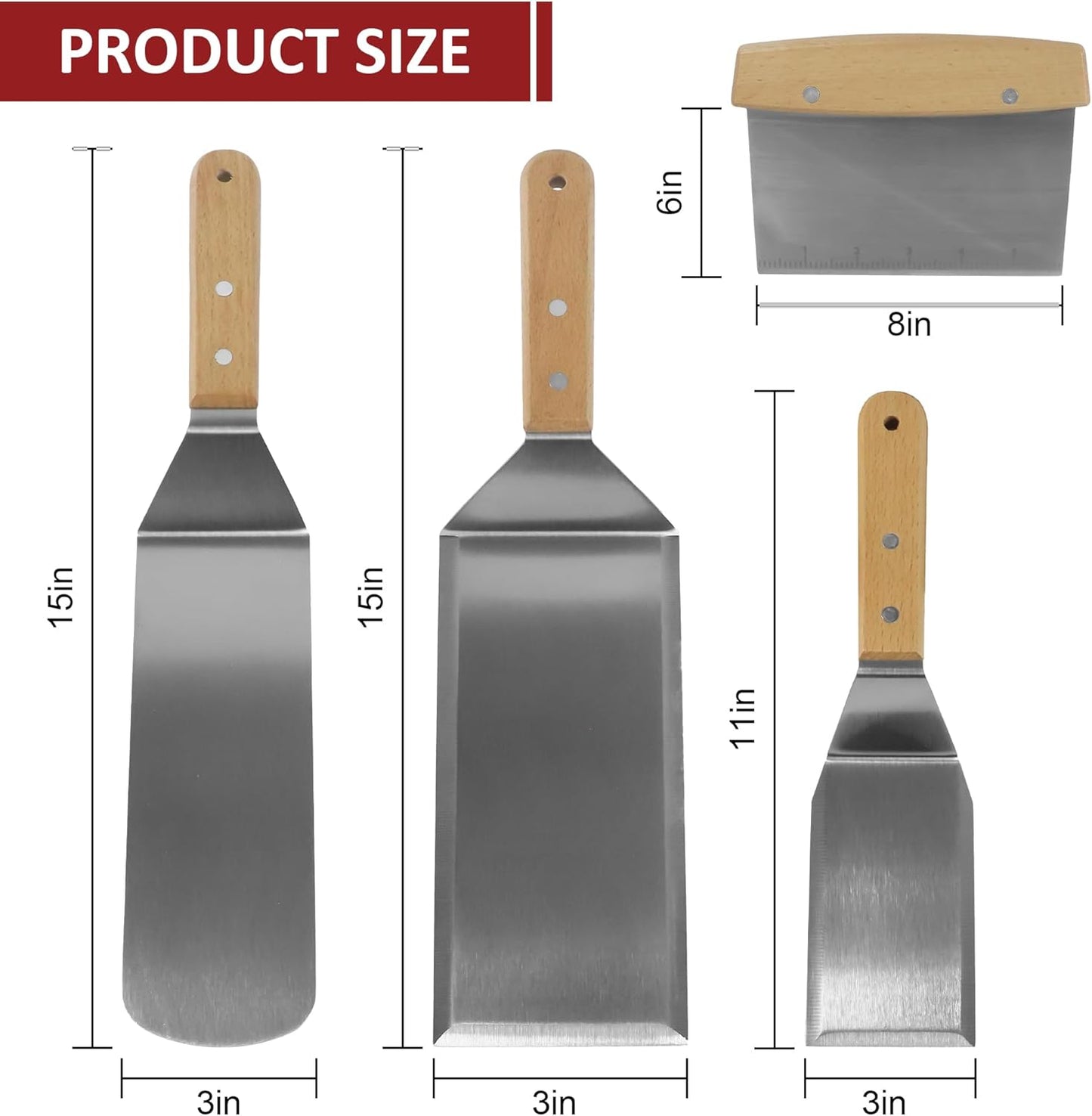 Set 4 Espátulas Acero Inox para Teppanyaki con Mango Madera